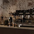 Cozy Café Interior With Coffee Machine Beans On Rustic Textured Wall Shelves And Tables
