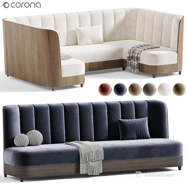 Modern Banquette Sofa With Velvet Upholstery Wooden Frame Pillows Blanket And Color Options 3d model 
