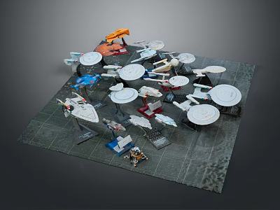 Various Colored Futuristic SciFi Models With Circular Platforms And Structures On Gray Base 3d model