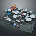 Various Colored Futuristic SciFi Models With Circular Platforms And Structures On Gray Base
