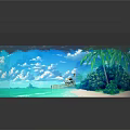 Tropical Coastal Beach Hut With Palm Trees Wooden Deck And Surfboard