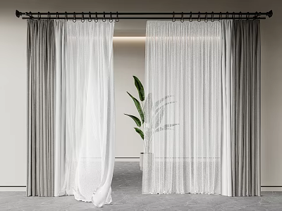 Modern Interior Double Layer Curtains With Gray Thick Panels And White Sheer Drapes 3d model