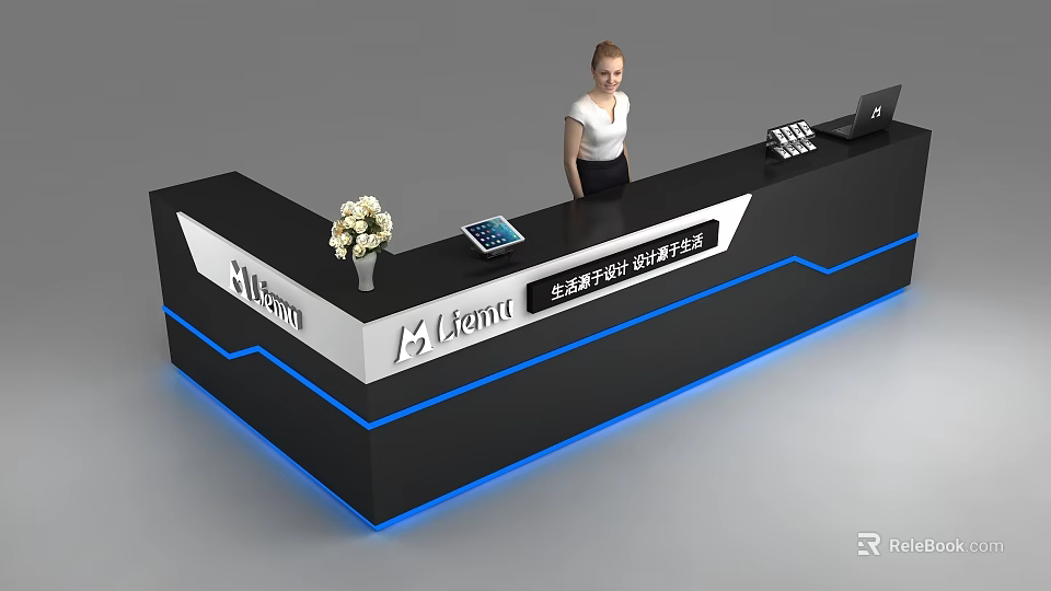 Modern Lemoo Reception Desk With White Flower Vase Tablet And Laptop 3d model 