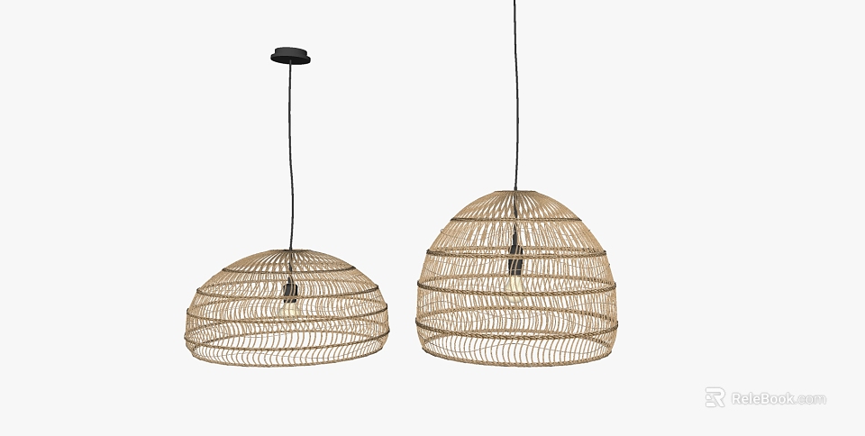 Two Dome Shaped Rattan Woven Pendant Lights For Natural Modern Interior Decor 3d model 