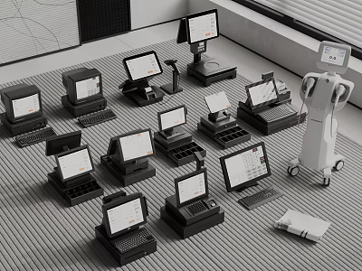 Modern Commercial Equipment Including POS Systems Cash Registers And Self Service Kiosks 3d model