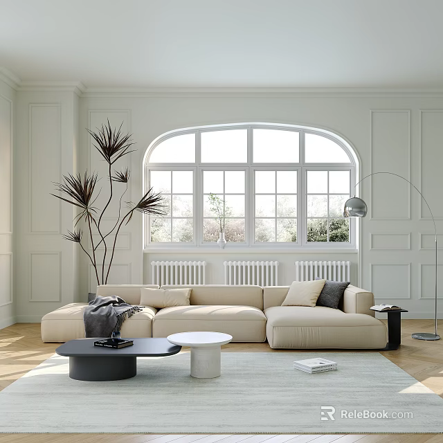 Beige Sectional Sofa In Bright Living Room With Arched Window Wooden Floor And Coffee Table 3d model 