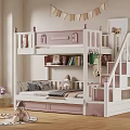 Pink And White Children's Bunk Bed With Staircase Bookshelf And Decorations