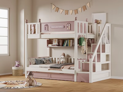 Pink And White Children's Bunk Bed With Staircase Bookshelf And Decorations 3d model