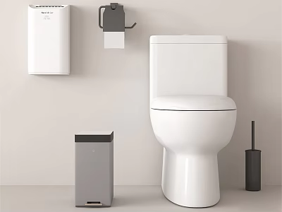 Sleek Modern Bathroom Accessories Including Toilet Paper Holder Toilet Brush Waste Bin And Soap Dispenser 3d model