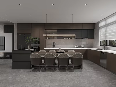 Modern Restaurant Interior Featuring Open Layout Grey Dining Table Chairs Marble Countertops And Pendant Lights 3d model