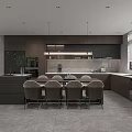 Modern Restaurant Interior Featuring Open Layout Grey Dining Table Chairs Marble Countertops And Pendant Lights