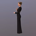 Woman Wearing Long Black Dress With High Slit And Long Sleeves Standing