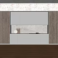 Dark Wooden And Light Gray Kitchen Cabinets With Marble Countertop Textured Wall And Wooden Floor