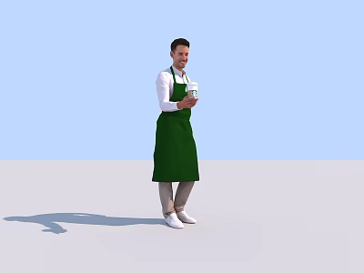Man in white shirt and green apron holding cup against light blue background 3d model