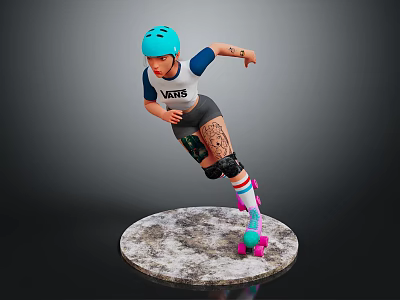 Game Movie Character Standing In Blue Helmet VARTIS Vest Knee Pads With Colorful Roller Skates 3d model