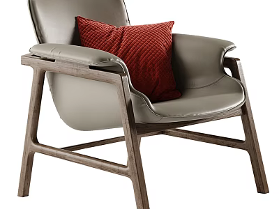 Modern Light Gray Leather Accent Chair With Red Checkered Pillow And Wooden Frame 3d model