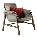 Modern Light Gray Leather Accent Chair With Red Checkered Pillow And Wooden Frame