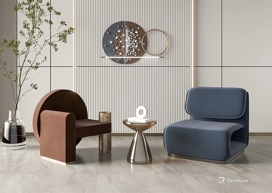 Modern Leisure Sofa Set With Brown And Blue Sofas Small Coffee Table And Wall Decor In Contemporary Interior 3d model