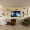 Modern Lounge Area With Plush White Brown Green Chairs TV Wall Decor And Potted Plant