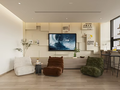 Modern Lounge Area With Plush White Brown Green Chairs TV Wall Decor And Potted Plant 3d model