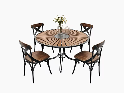 Round Wooden Table With Metal Legs And Four Chairs Set With Flower Vase 3d model