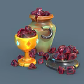 Elegant Decorative Ornament Set Featuring Yellow Cup Green Jar Scattered Red Gemstones And Diamond Decorations