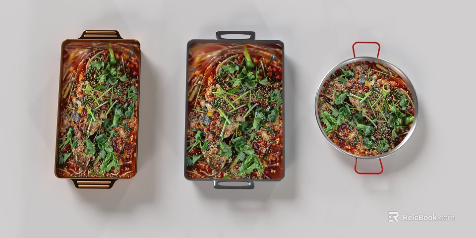Three Pots of Colorful Chinese Dishes with Green Vegetables Red Broth and Meat 3d model 