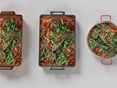 Three Pots of Colorful Chinese Dishes with Green Vegetables Red Broth and Meat 3d model