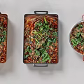Three Pots of Colorful Chinese Dishes with Green Vegetables Red Broth and Meat