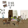 Musical Instruments And Art Supplies In Creative Studio With Easel Paintings Brushes And Paints