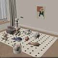 Kids Room Play Area With Owl Whale Sheep Bear Plush Toys Basketball On Checkered Rug