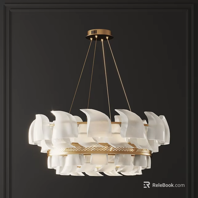 Elegant Modern Brass Chandelier With White Petal Shaped Shades And Layered Design 3d model 