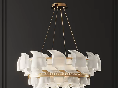 Elegant Modern Brass Chandelier With White Petal Shaped Shades And Layered Design 3d model