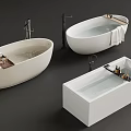 Various White Bathtub Shapes With Faucets Trays Towels And Bath Products