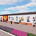 Scenic Mural Wall With Colorful Figures Animal Paintings Benches People Activities Nearby Red Brick Ground