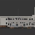 Cartoon Scene Featuring Industrial Style Building White Exterior Dark Roof Multiple Windows and Green Lawn