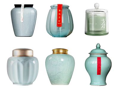 Traditional Ceramic Jars with Lids Red Labels and Light Blue Cyan Hues 3d model