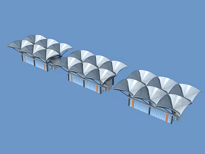 Modern Landscape Pavilions With Fan Shaped Silver White Canopy Connected In Row Design 3d model