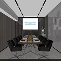 Modern Conference Room Interior With Long Table Black Chairs Projection Screen And Wooden Walls