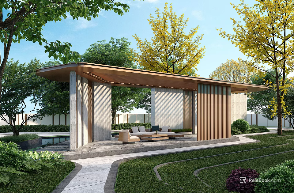 Serene Courtyard Garden With Wooden Pergola Columns Yellow Leaf Trees Lawn And Stone Pathway 3d model 