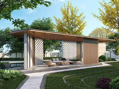 Serene Courtyard Garden With Wooden Pergola Columns Yellow Leaf Trees Lawn And Stone Pathway 3d model