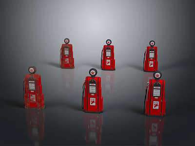 Multiple Vintage Red Fuel Pumps Showcased In Classic Retro Setup 3d model