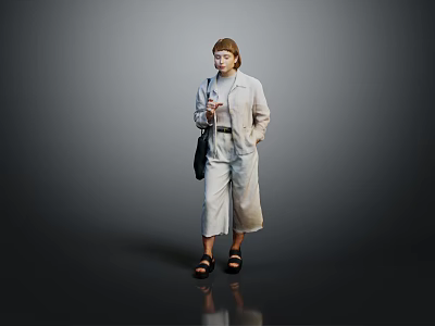Woman In Light Gray Jumpsuit With Belt Holding Black Handbag Standing Against Dark Background 3d model