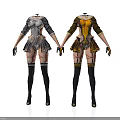 Woman In Stylish Silver Gray And Yellow Brown Outfits With Thigh High Socks And Gloves