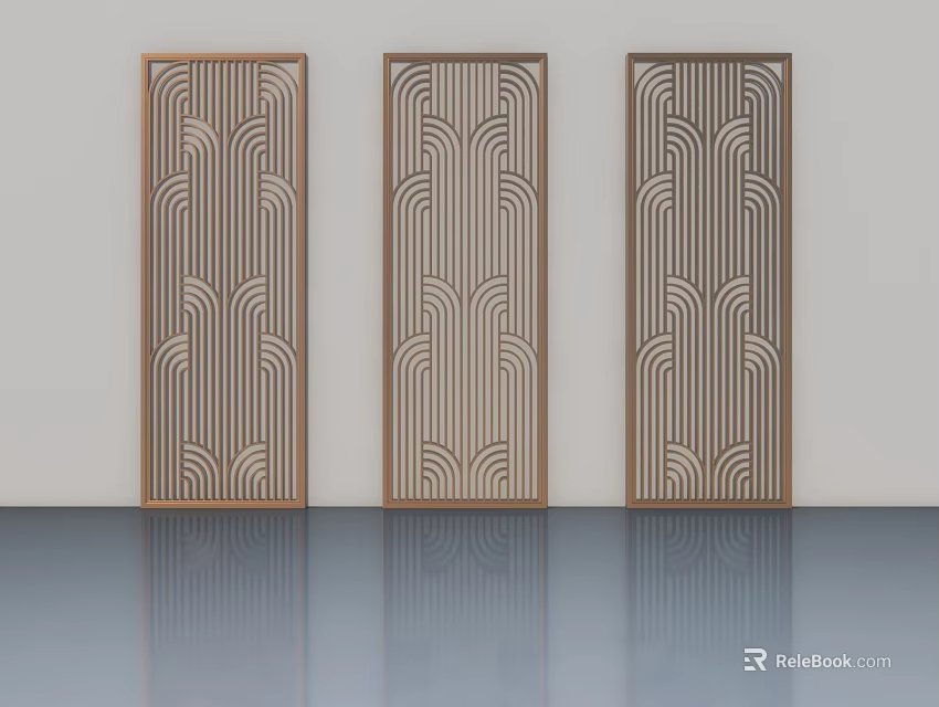 Three Brown Framed Hinged Doors With Wave Pattern On Light Wall And Smooth Floor 3d model