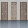 Three Brown Framed Hinged Doors With Wave Pattern On Light Wall And Smooth Floor 3d model