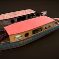 Old Colorful Yacht With Red Roof Blue Bottom Windows And Ride Line Sign