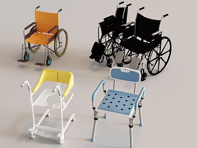Various Mobility Aids Including Orange Black Wheelchairs Yellow Blue Walking Chairs 3d model