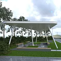Outdoor Shelter Structure With Trees Grass And Blue Sky Clouds Landscape