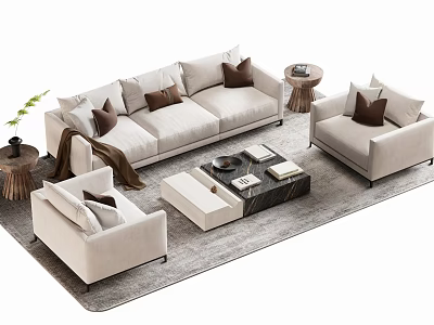 Elegant Beige Sofa Coffee Table Combination With Decorative Pillows And Side Tables On Gray Rug 3d model